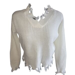 Streetwear Society Distressed White Knit Sweater with Fringed Ends S